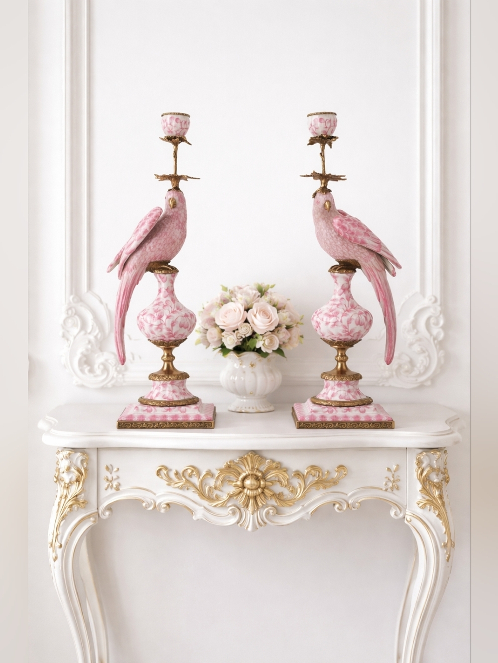 Pink & White Hand Painted Porcelain & Bronze Ormolu Parrot Candle Holders (Pair)